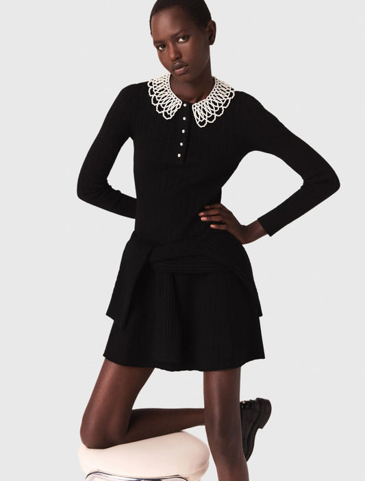 Short beaded-collar knit dress Black