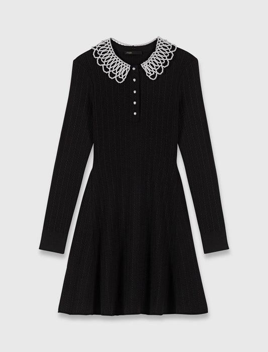 Short beaded-collar knit dress Black