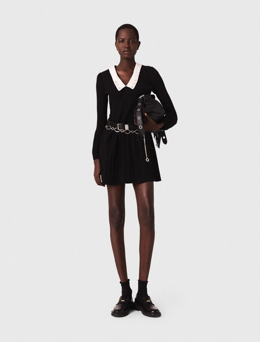 Pleated dress with detachable collar Black