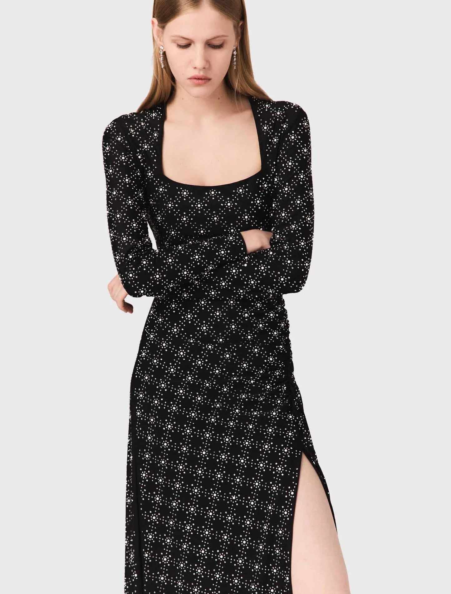 Beaded and rhinestone maxi dress Black