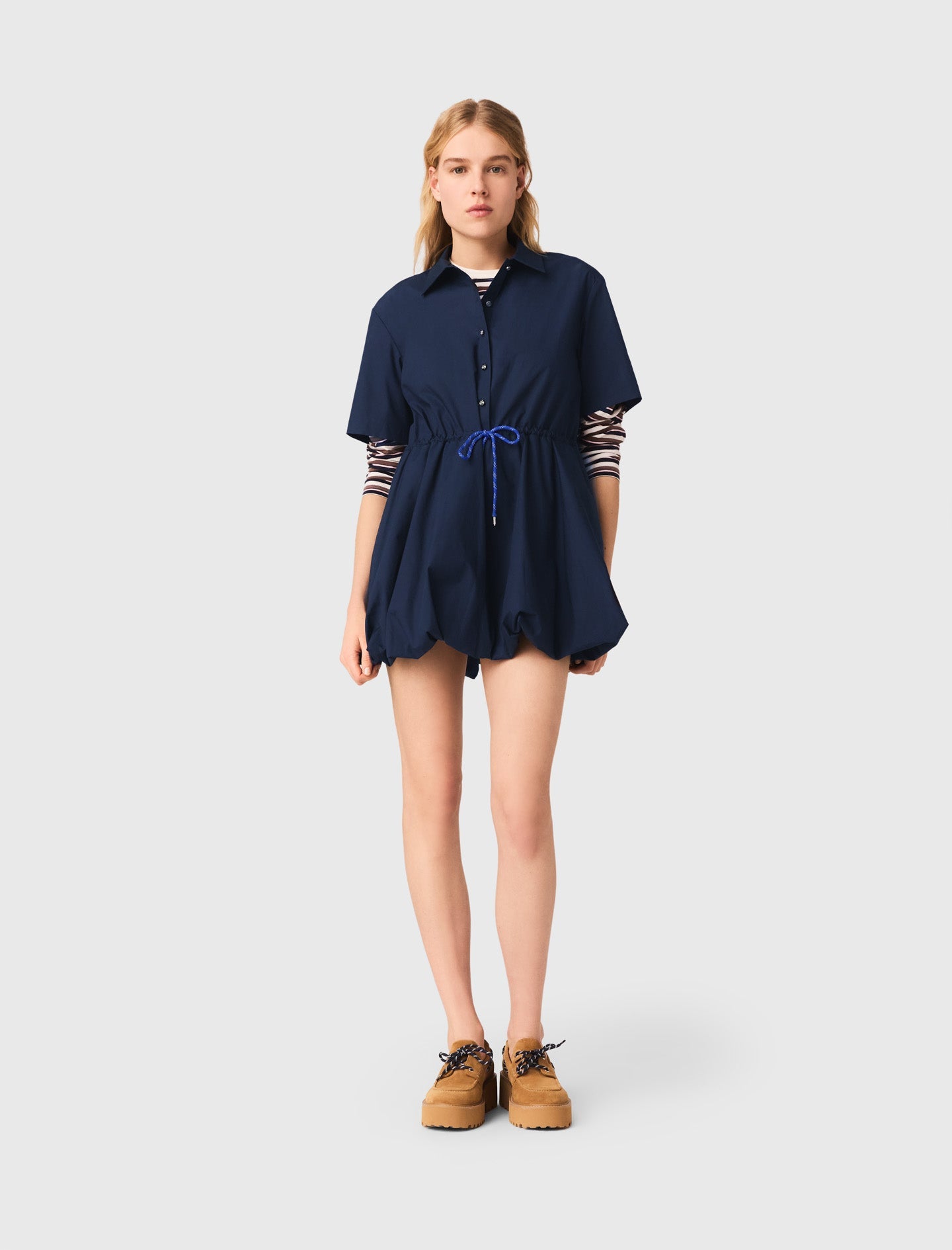 Short-Sleeved Cotton Bubble Dress NAVY