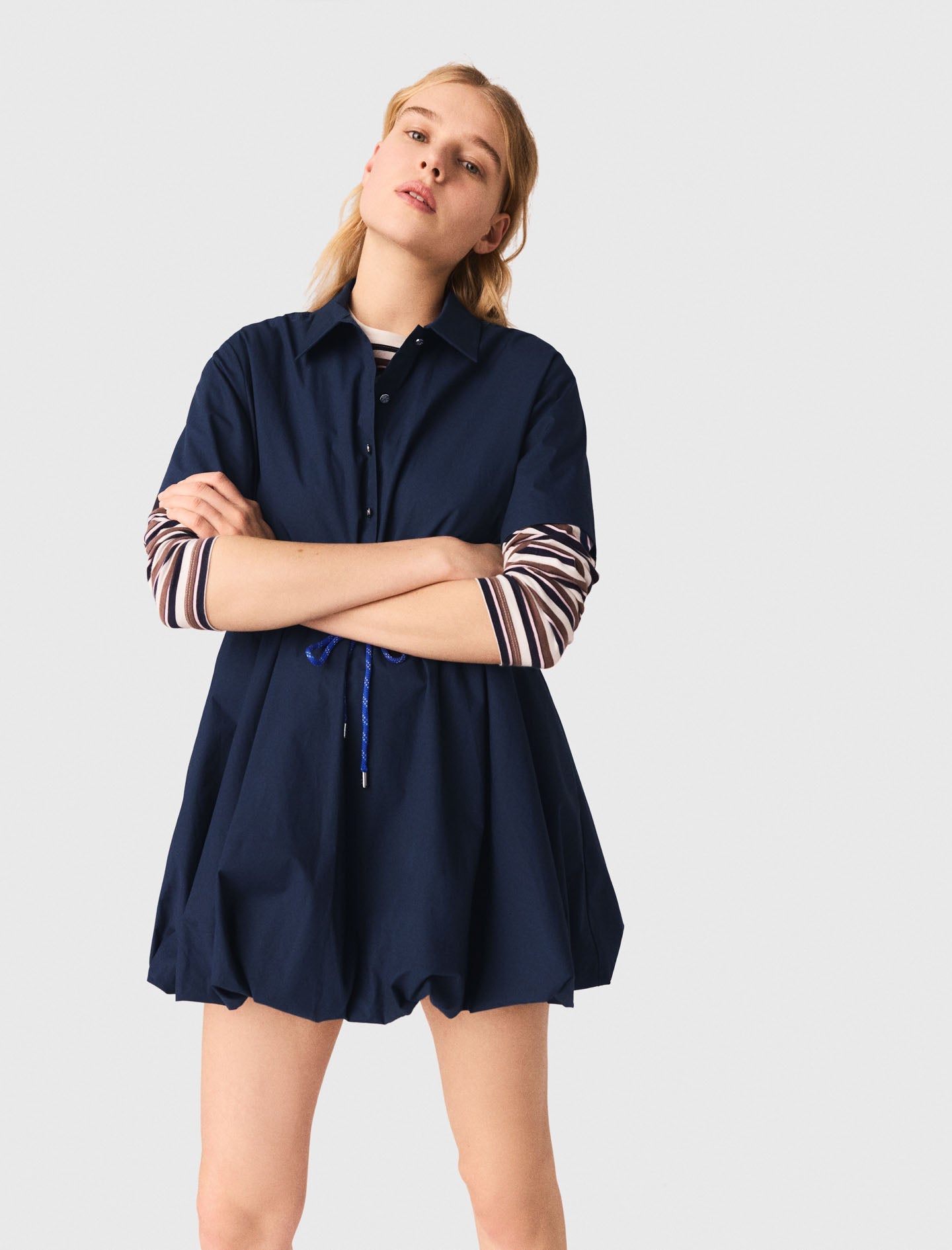 Short-Sleeved Cotton Bubble Dress NAVY