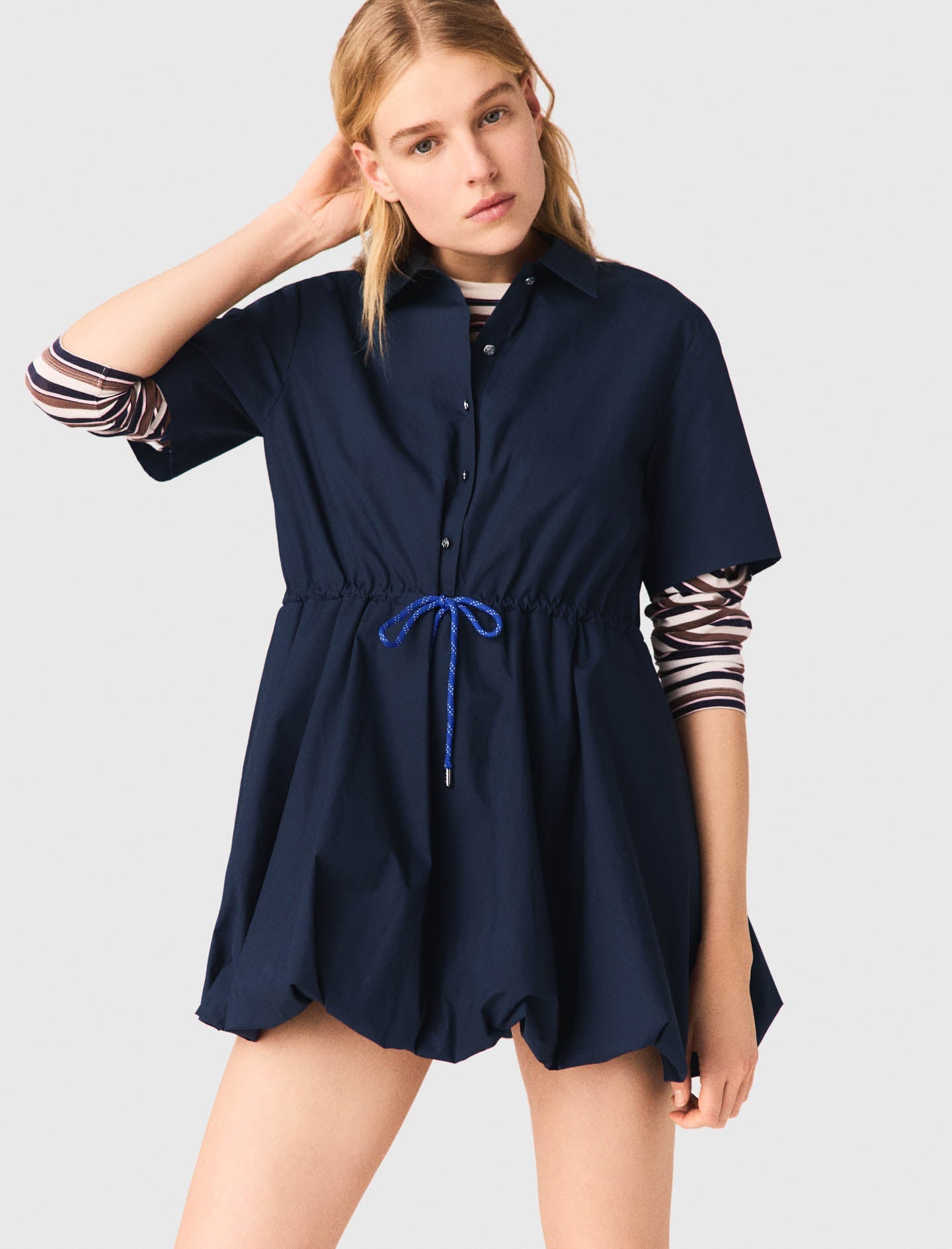 Short-Sleeved Cotton Bubble Dress NAVY