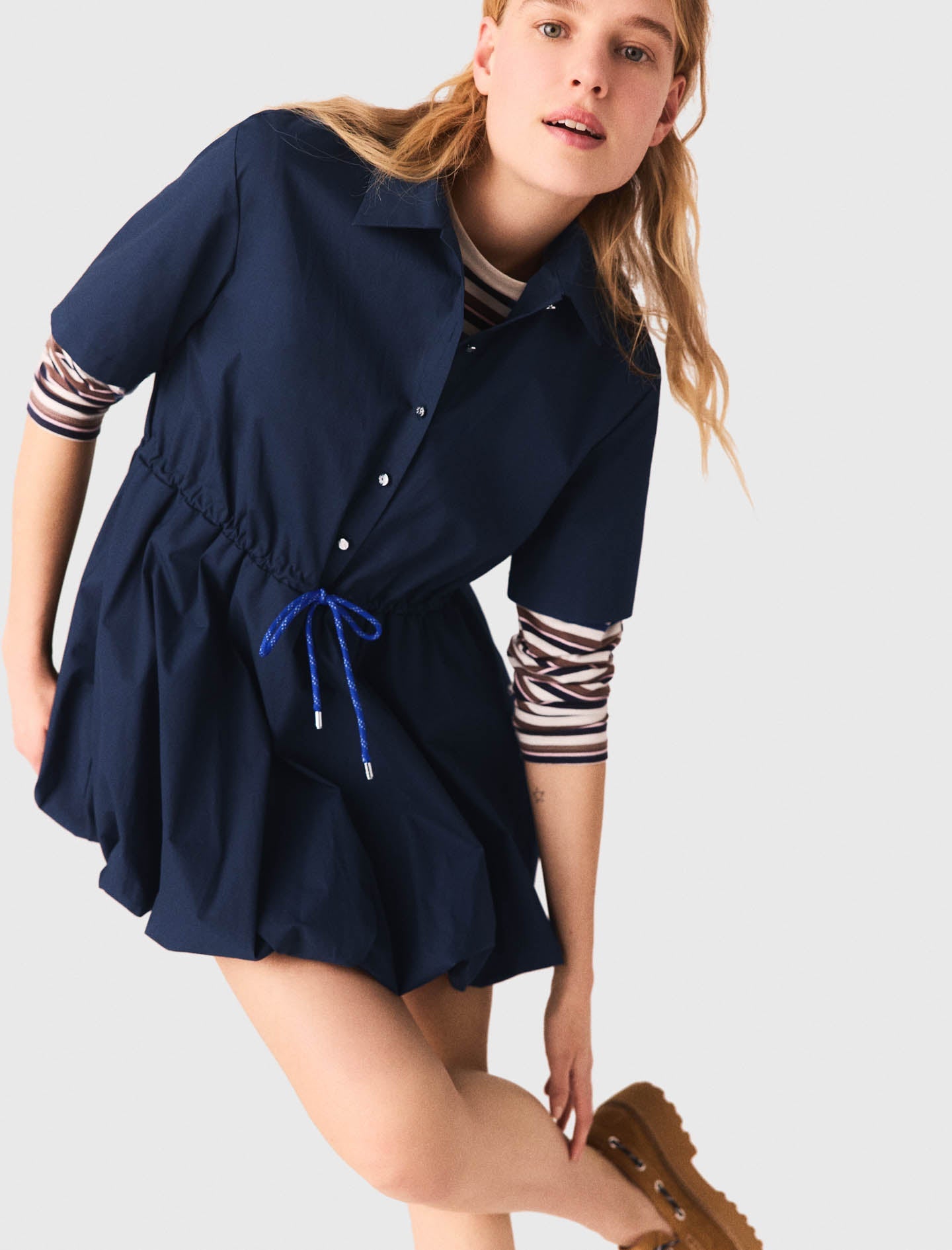 Short-Sleeved Cotton Bubble Dress NAVY