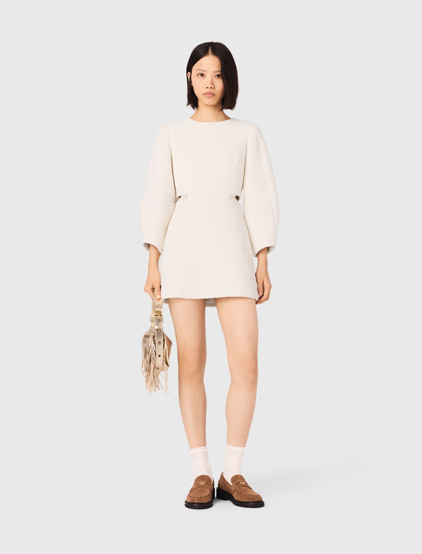 Short Balloon-Sleeve Tweed Dress ECRU