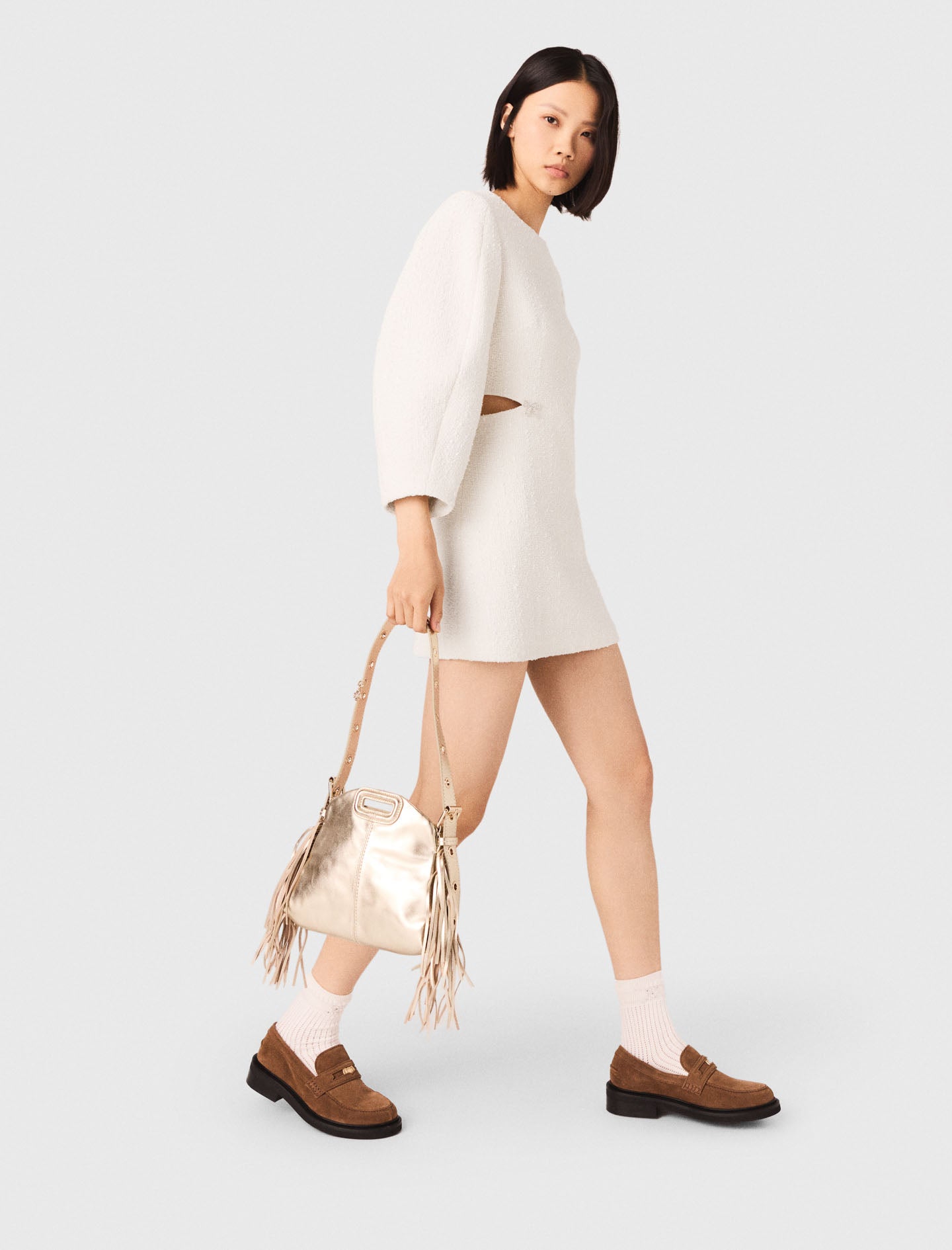 Short Balloon-Sleeve Tweed Dress ECRU