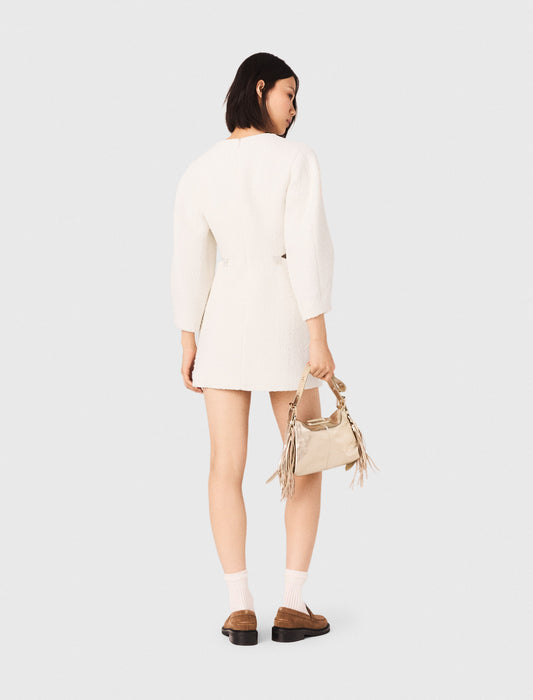 Short Balloon-Sleeve Tweed Dress Ecru