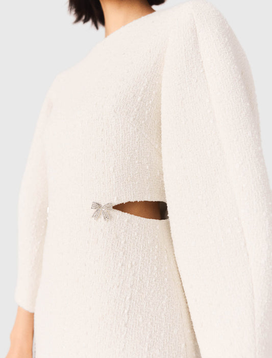 Short Balloon-Sleeve Tweed Dress Ecru