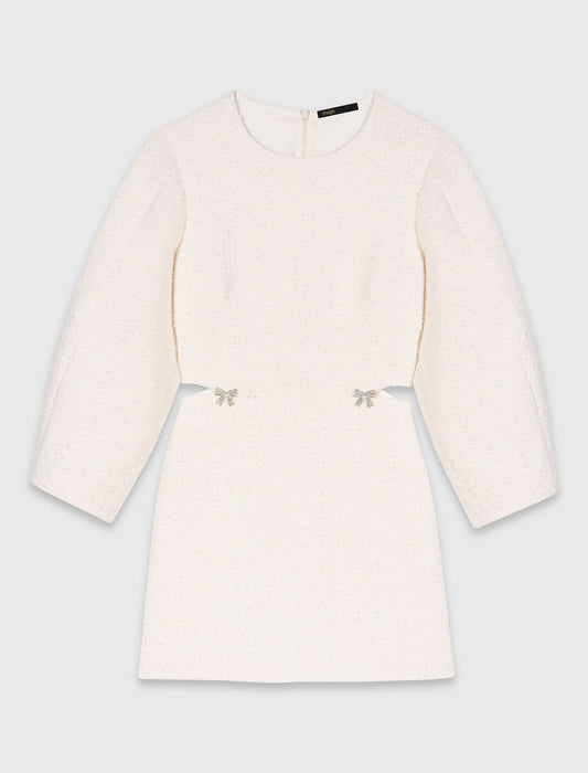 Short Balloon-Sleeve Tweed Dress Ecru