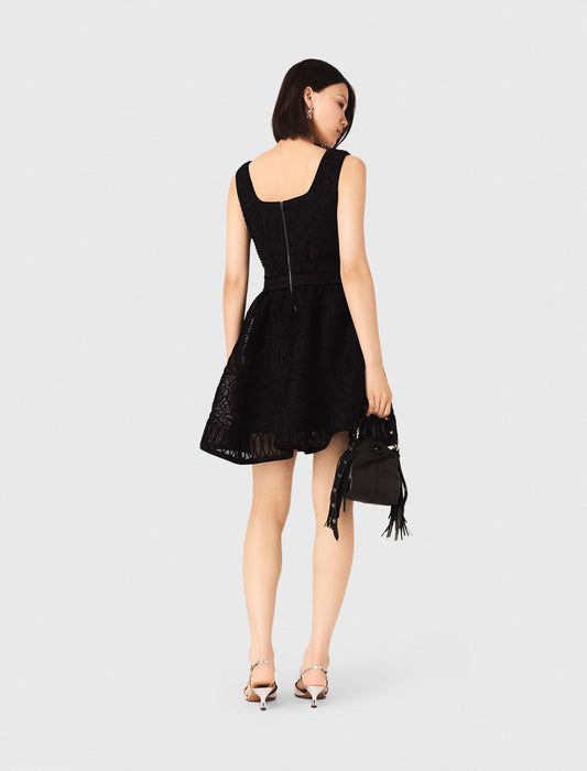 Short Embroidered Basket Knit Dress Black