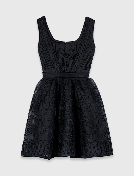 Short Embroidered Basket Knit Dress Black