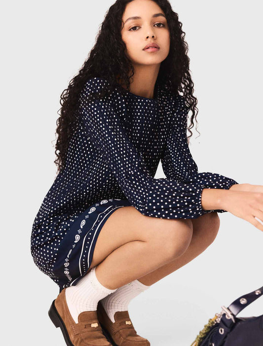 Patterned Pleated Dress NAVY POLKA DOT BANDANA PRINT