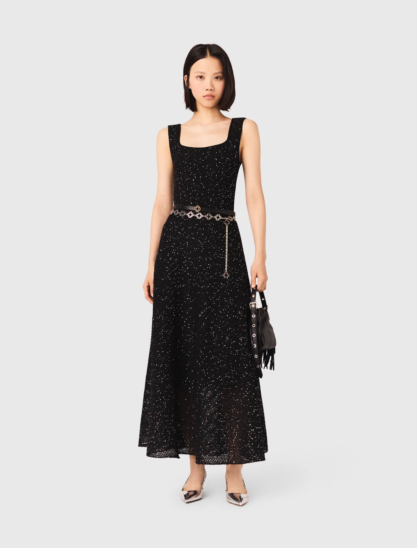 Rhinestone Knit Maxi Dress BLACK