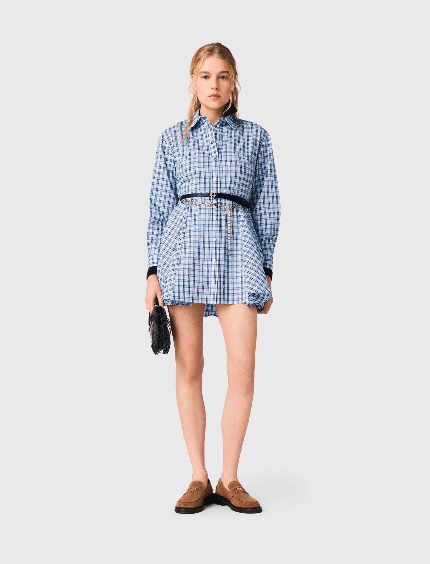Rhinestone-Trim Cotton Shirt Dress Blue Check Print BLUE CHECK PRINT
