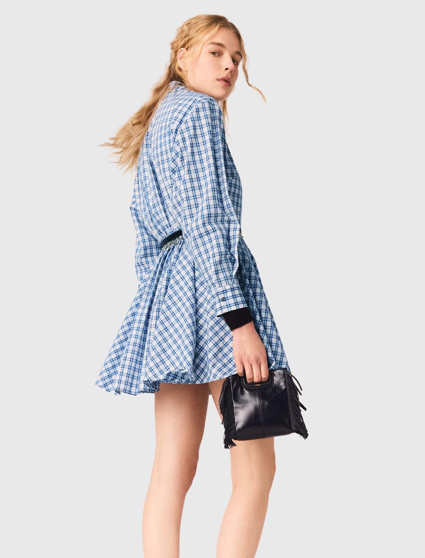 Rhinestone-Trim Cotton Shirt Dress Blue Check Print BLUE CHECK PRINT