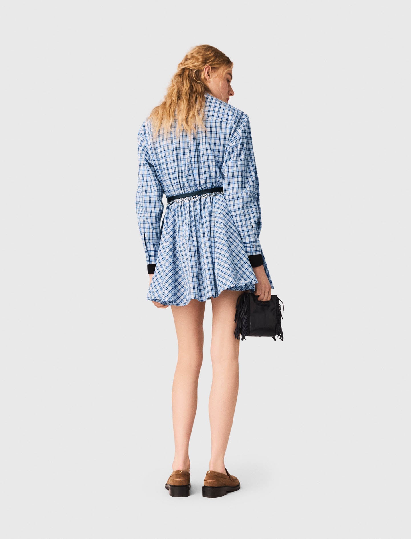 Rhinestone-Trim Cotton Shirt Dress Blue Check Print BLUE CHECK PRINT