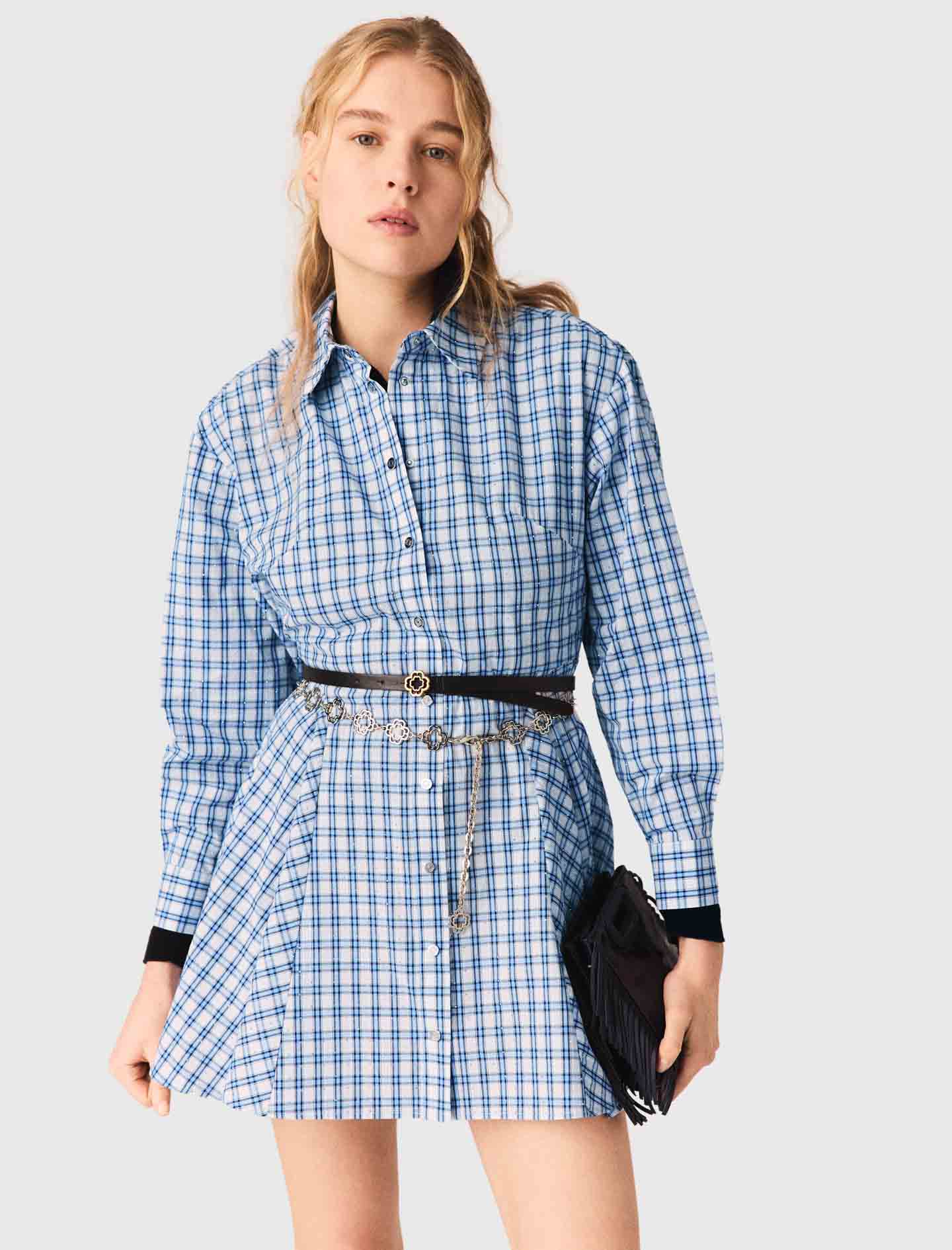 Rhinestone-Trim Cotton Shirt Dress Blue Check Print BLUE CHECK PRINT