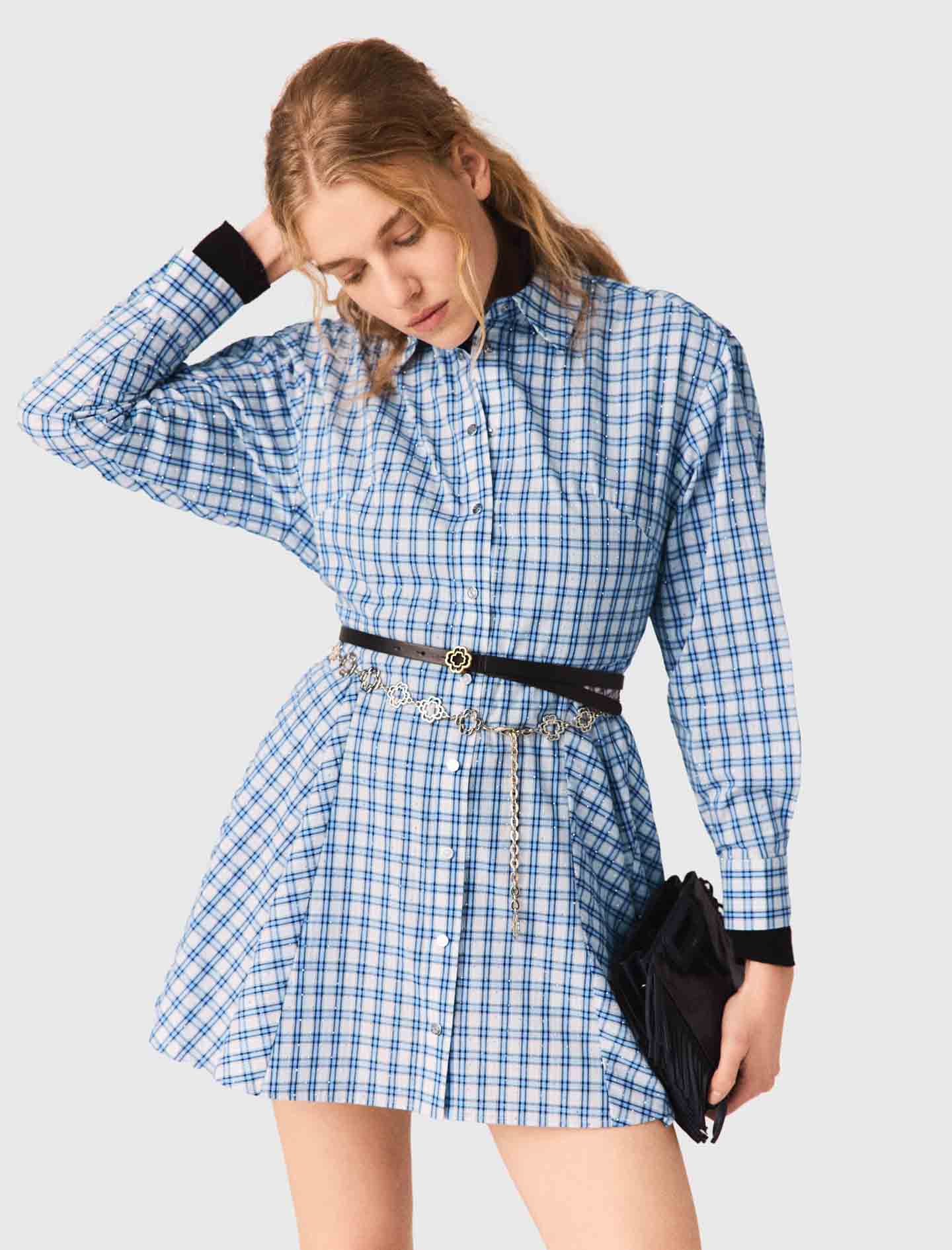 Rhinestone-Trim Cotton Shirt Dress Blue Check Print BLUE CHECK PRINT