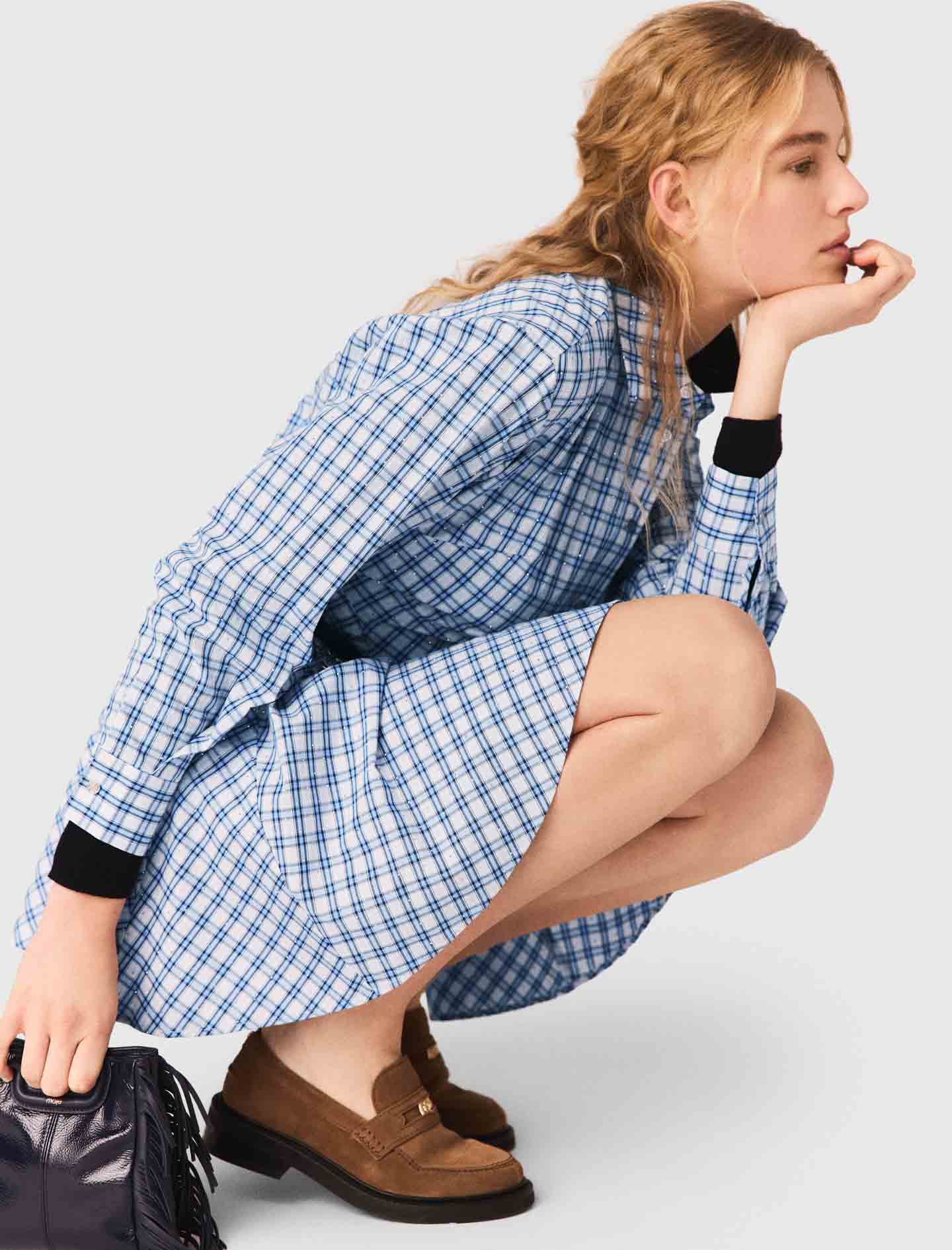 Rhinestone-Trim Cotton Shirt Dress Blue Check Print BLUE CHECK PRINT