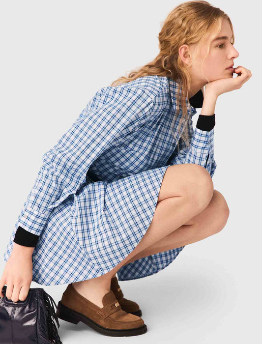 Rhinestone-Trim Cotton Shirt Dress Blue Check Print BLUE CHECK PRINT