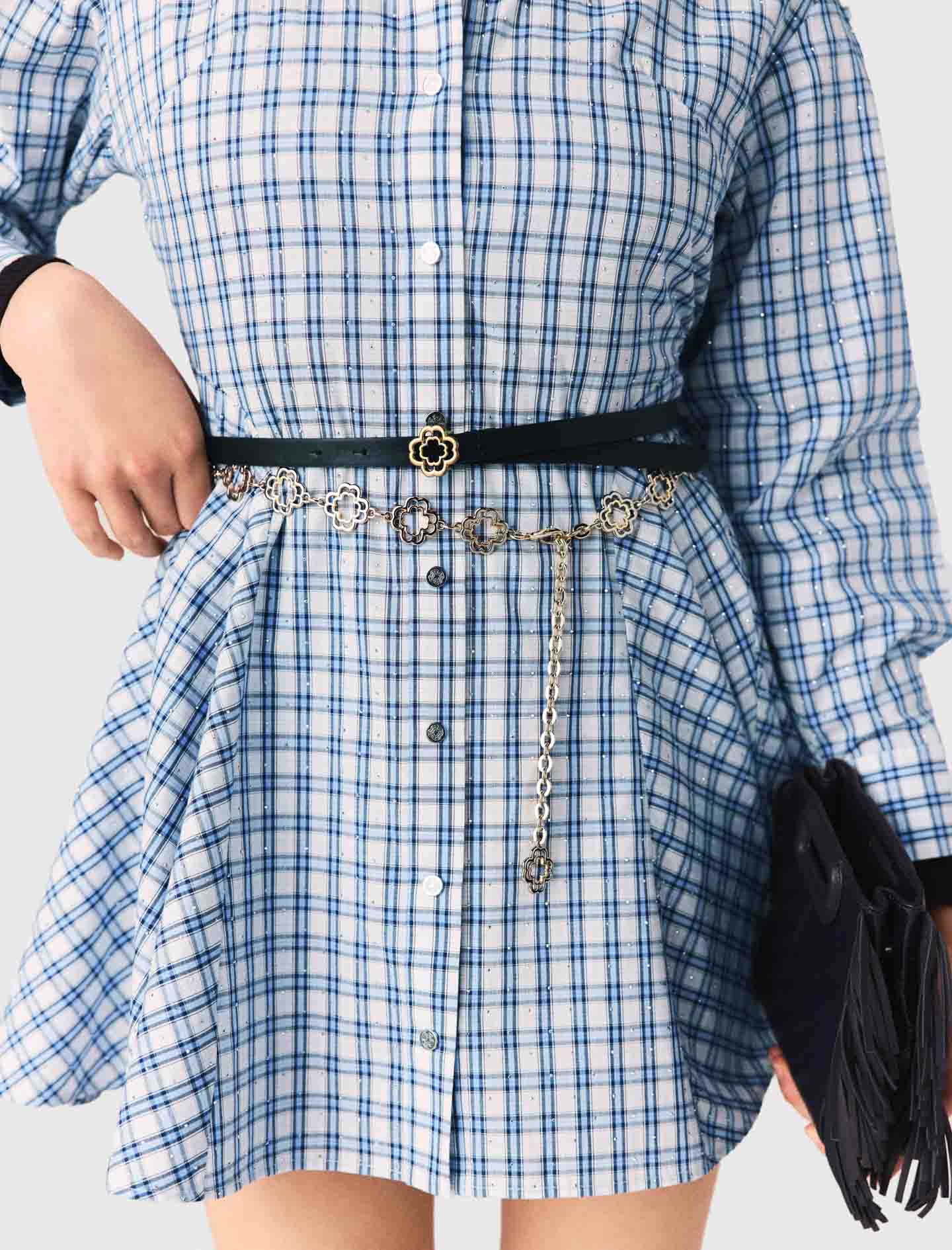 Rhinestone-Trim Cotton Shirt Dress Blue Check Print BLUE CHECK PRINT
