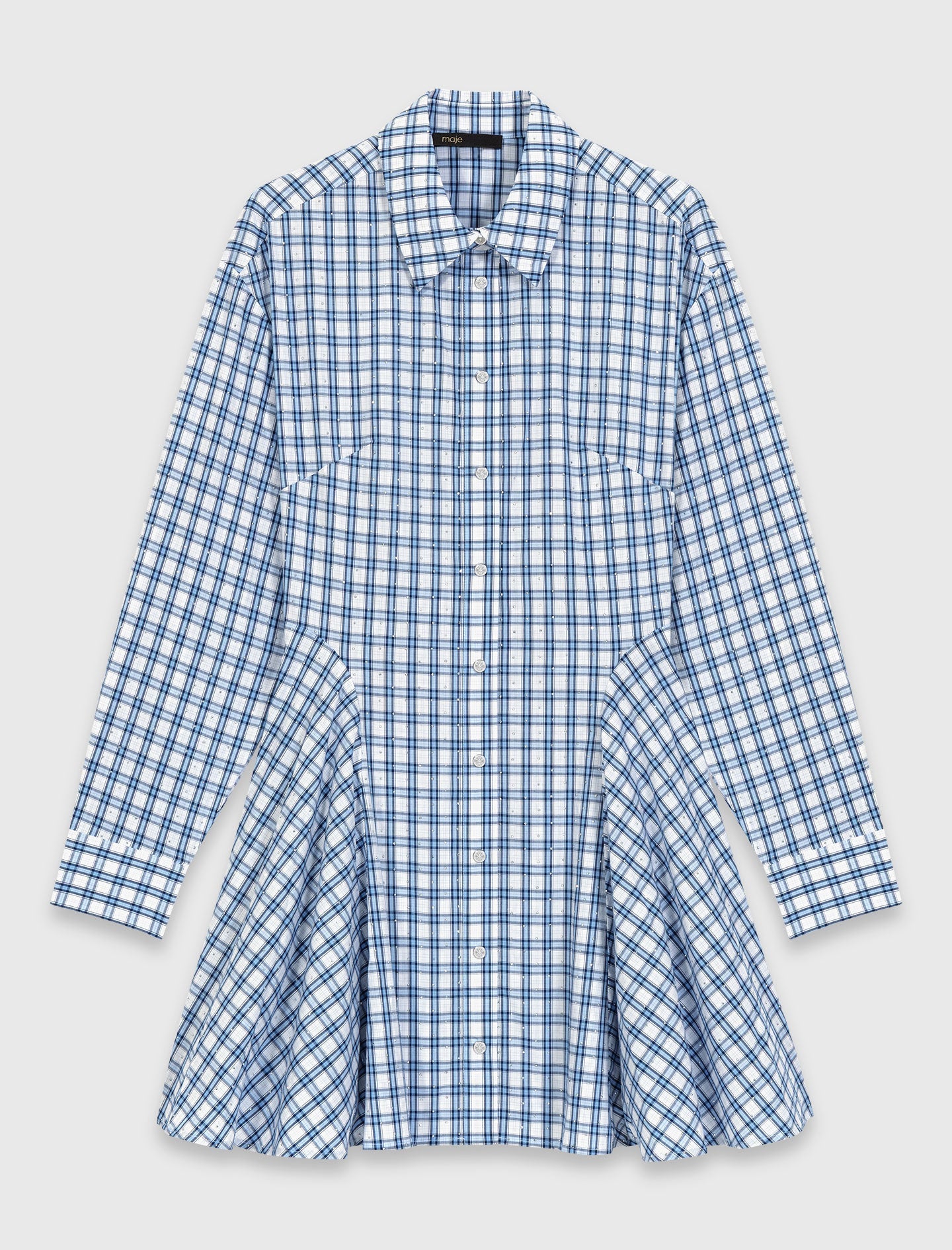 Rhinestone-Trim Cotton Shirt Dress Blue Check Print BLUE CHECK PRINT