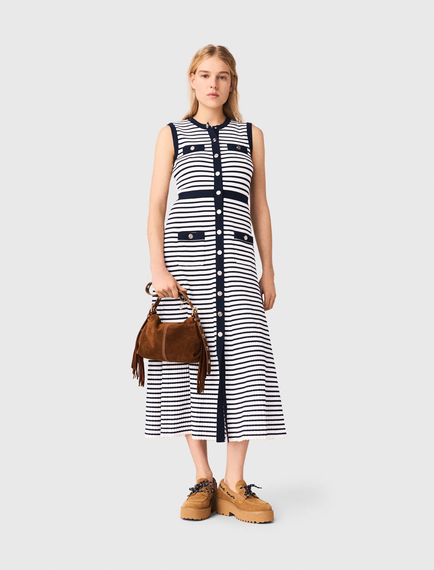 Breton Stripe Knit Maxi Dress Ecru/Navy Blue