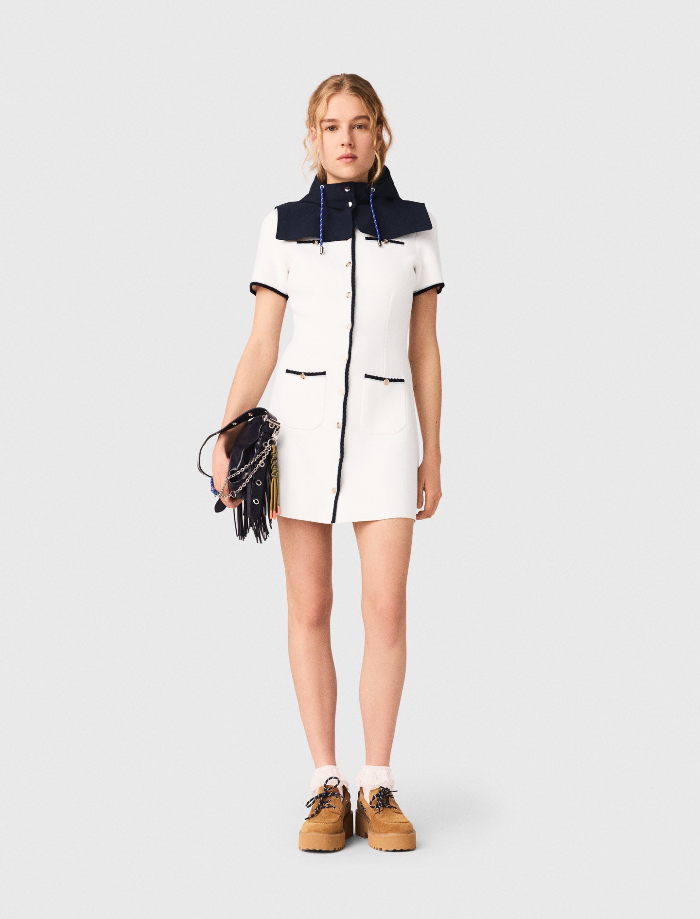 Short Dress With Contrasting Trim Ecru