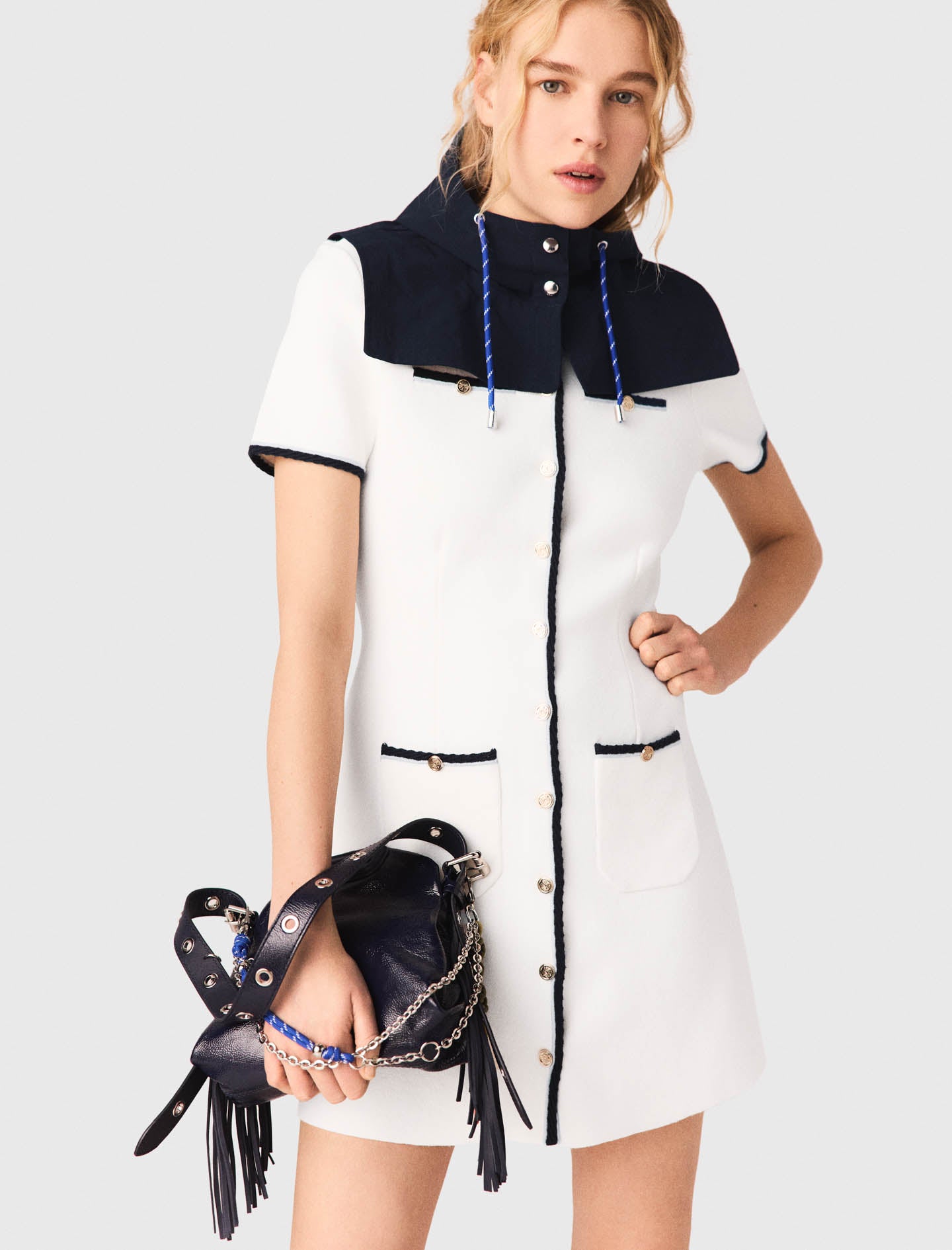 Short Dress With Contrasting Trim Ecru