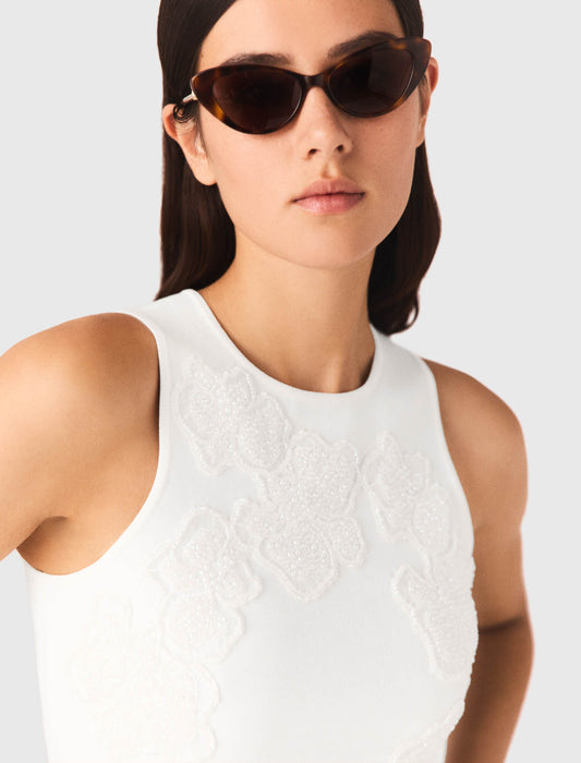 Beaded Embroidered Floral Dress White