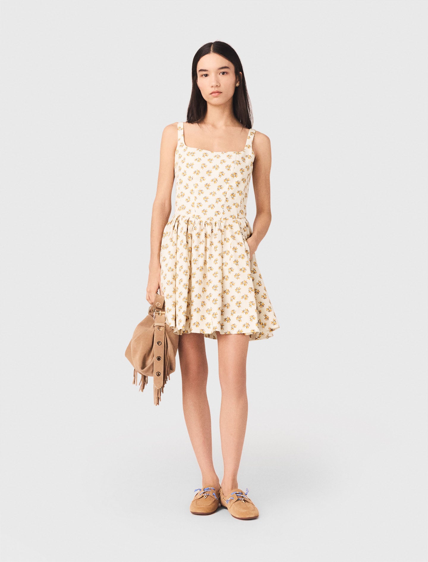 Short Flared Patterned Dress Yellow Small Flowers Print
