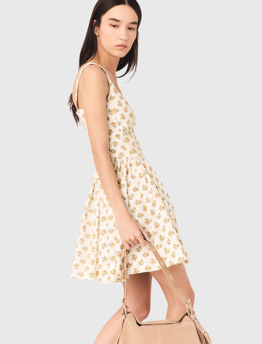 Short Flared Patterned Dress Yellow Small Flowers Print