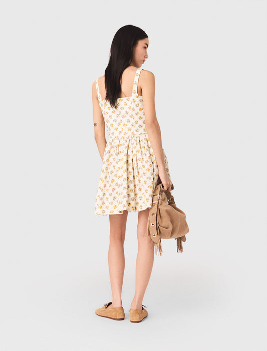 Short Flared Patterned Dress Yellow Small Flowers Print