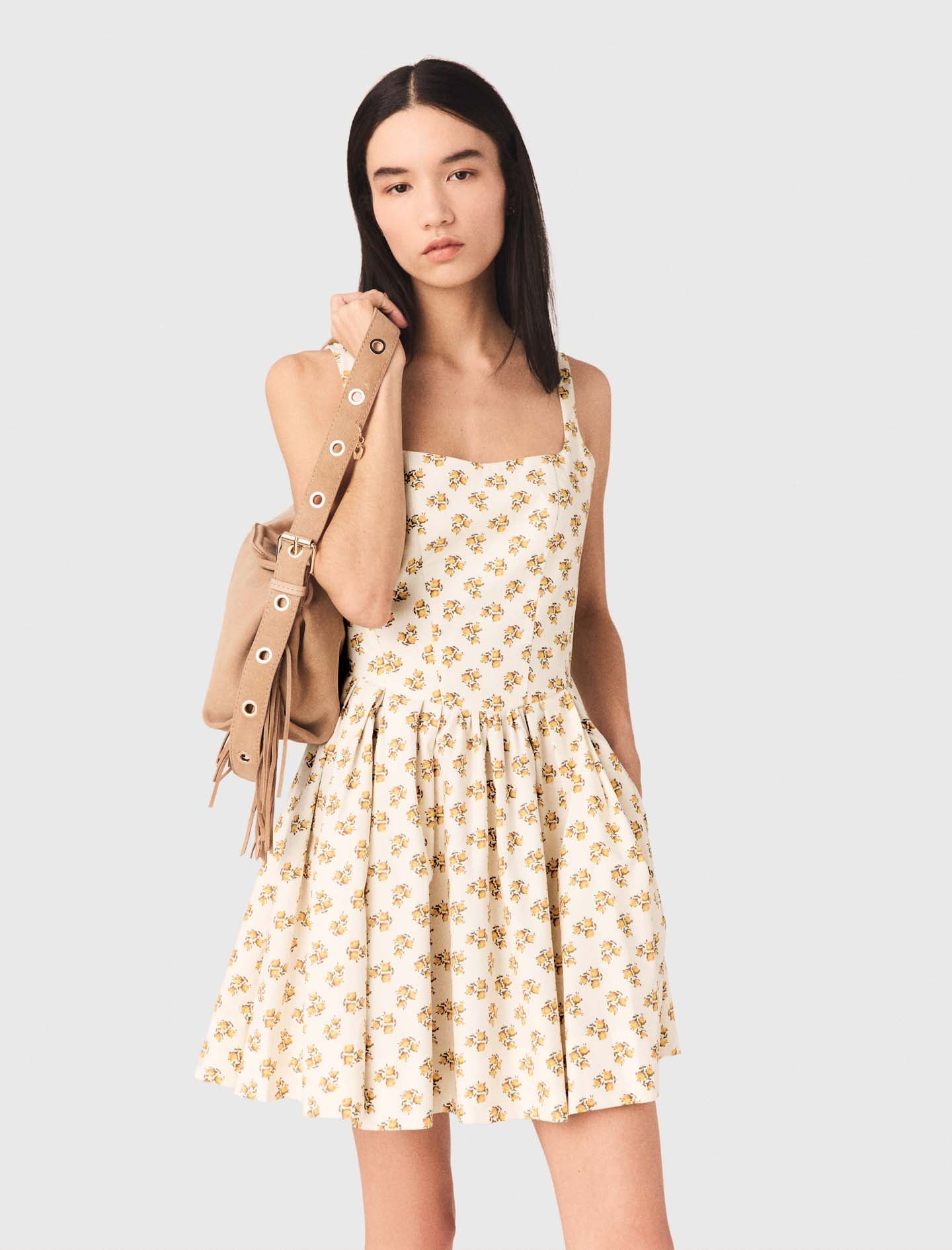 Short Flared Patterned Dress Yellow Small Flowers Print