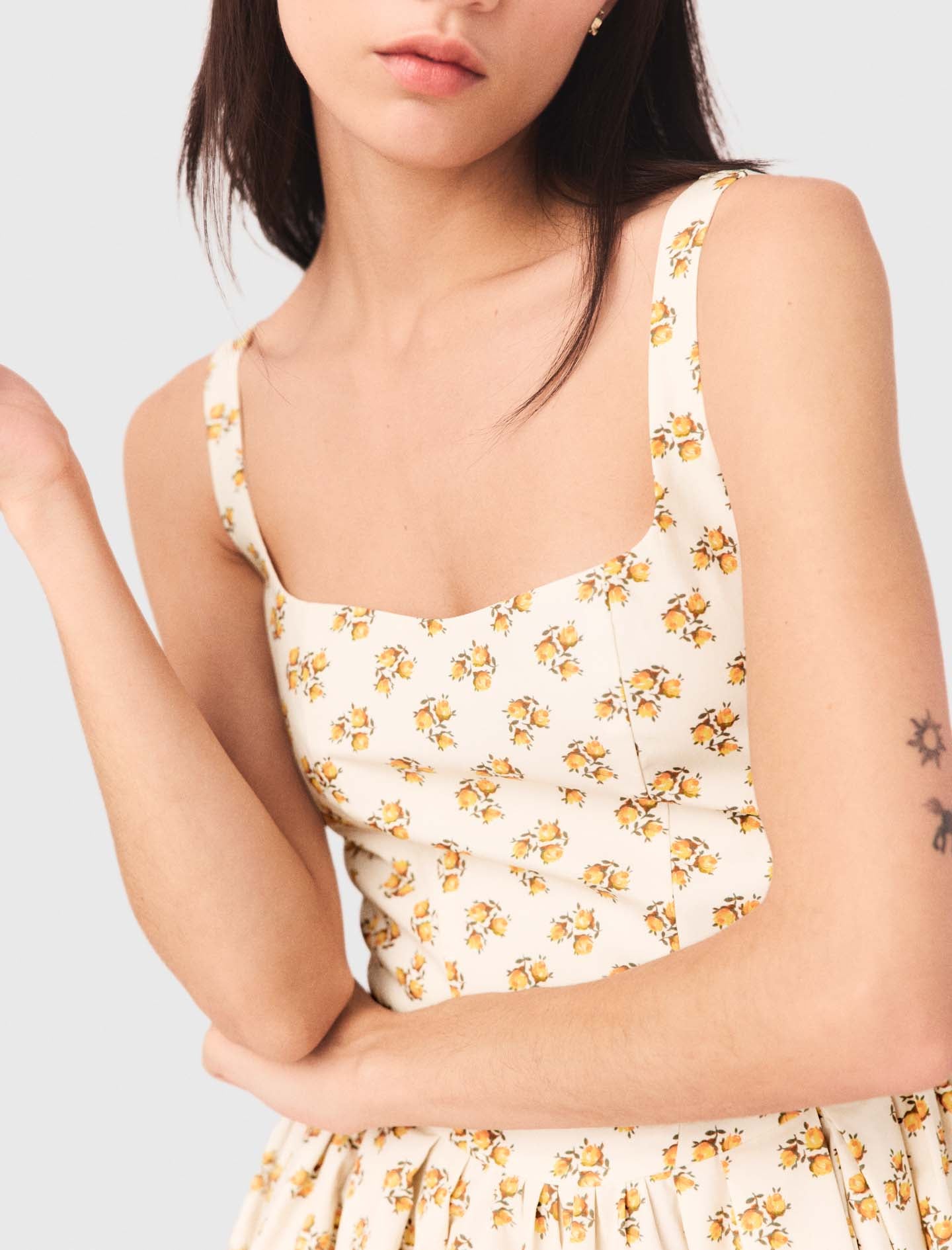 Short Flared Patterned Dress Yellow Small Flowers Print