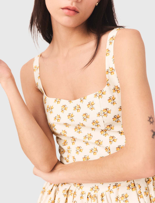 Short Flared Patterned Dress Yellow Small Flowers Print