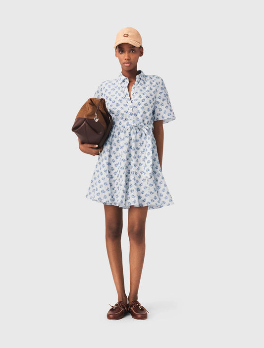 Short Patterned Linen-Blend Dress Blue Small Flowers Print