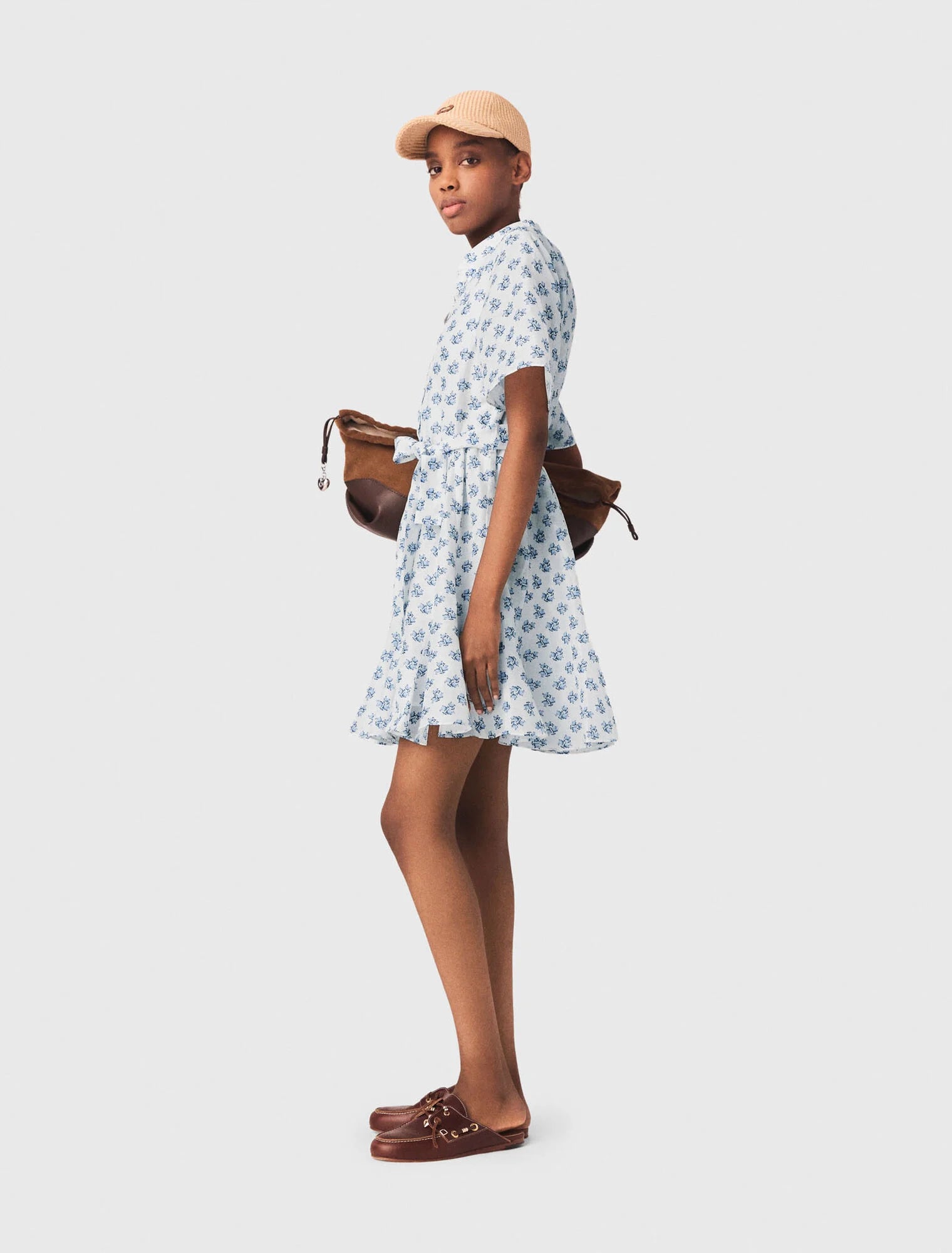 Short Patterned Linen-Blend Dress Blue Small Flowers Print