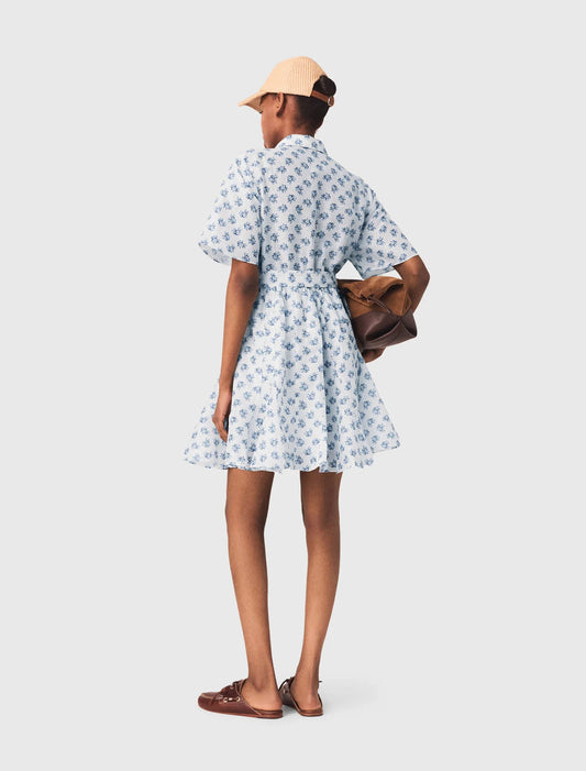 Short Patterned Linen-Blend Dress Blue Small Flowers Print