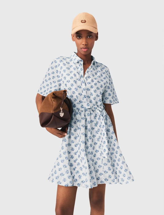 Short Patterned Linen-Blend Dress Blue Small Flowers Print