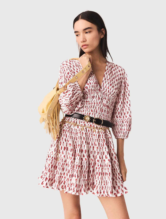 Patterned Pleated Dress Red Small Flowers Print