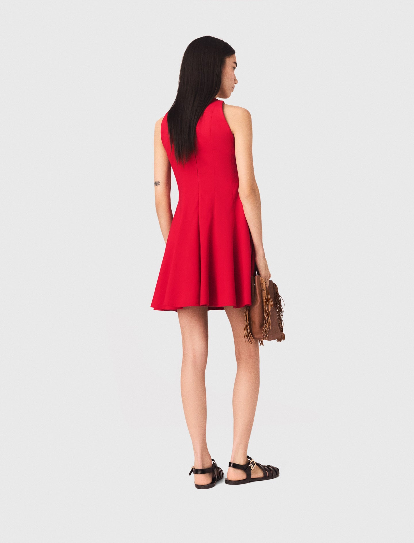 Short Flared Linen-Blend Dress Red