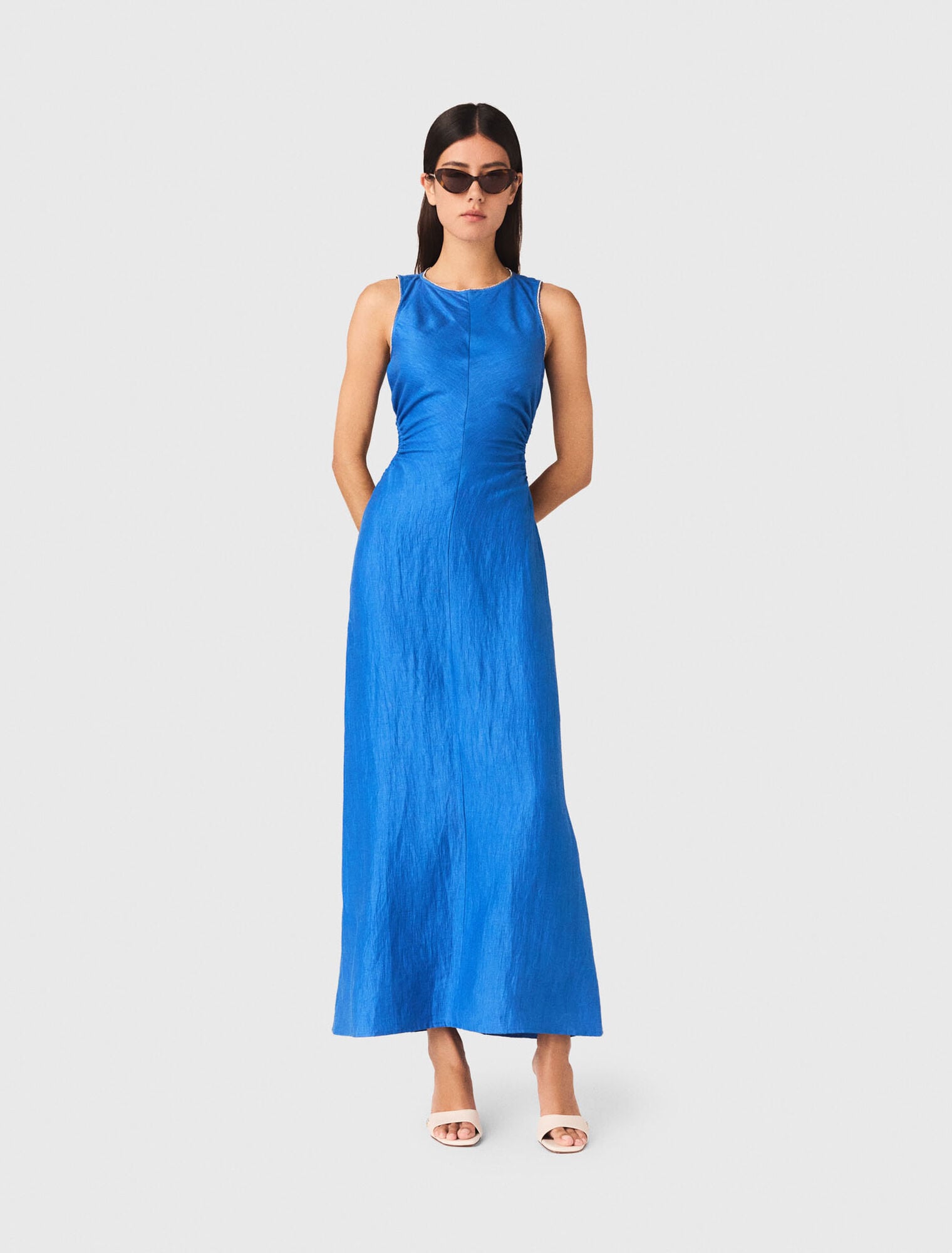 Backless Linen-Blend Midi Dress Blue