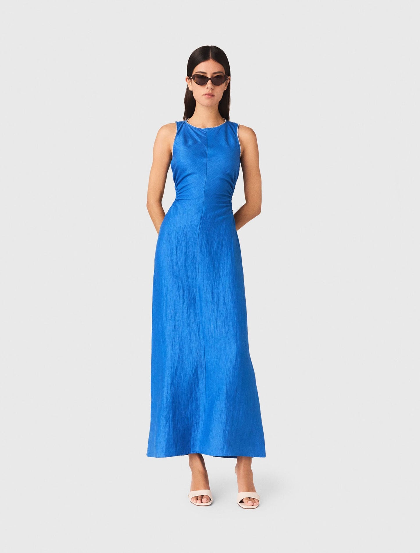 Backless Linen-Blend Midi Dress Blue