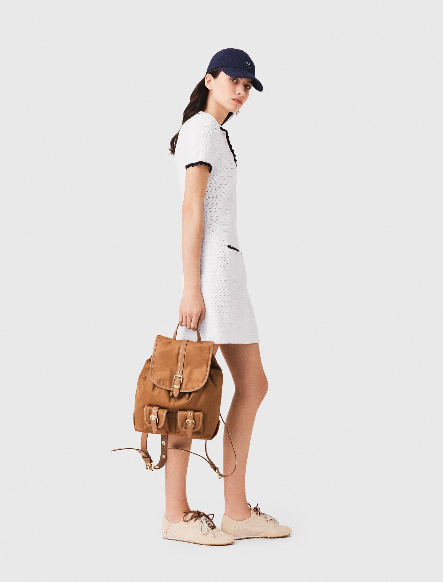 Knit polo dress with crochet White