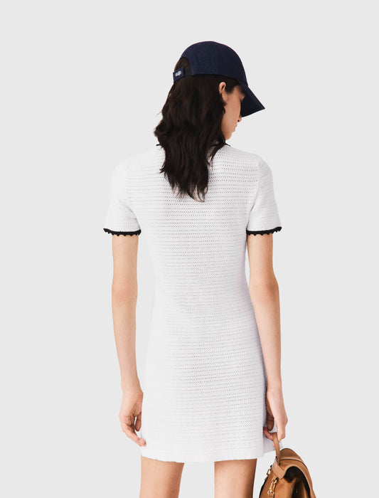 Knit polo dress with crochet White