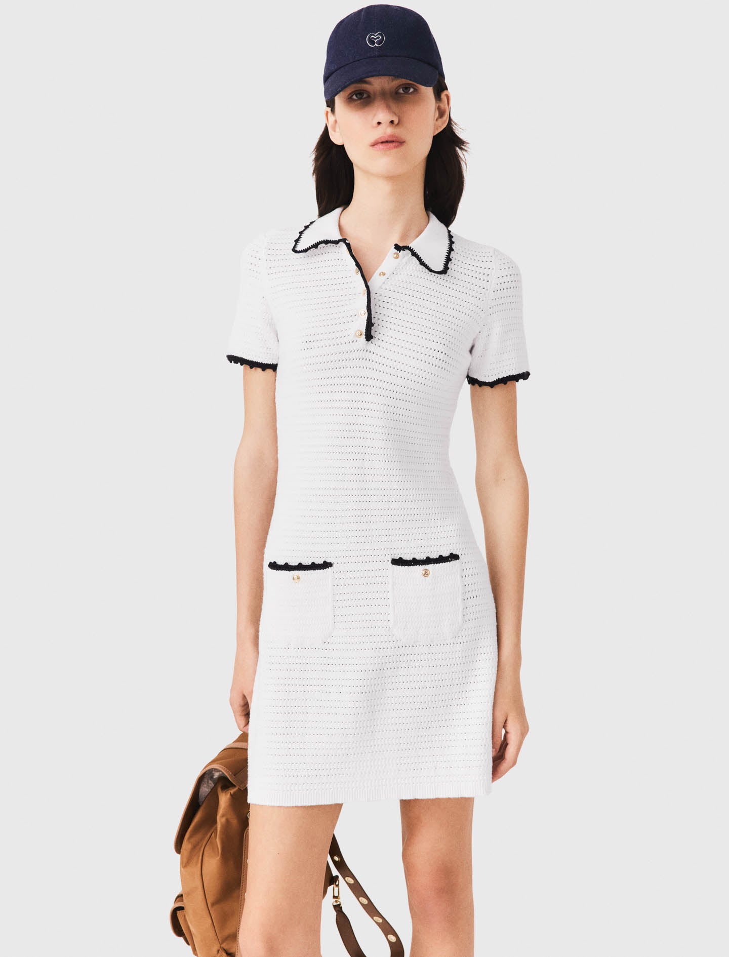 Knit polo dress with crochet White