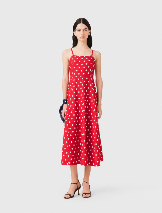 Backless linen-blend maxi dress Red Dots Print