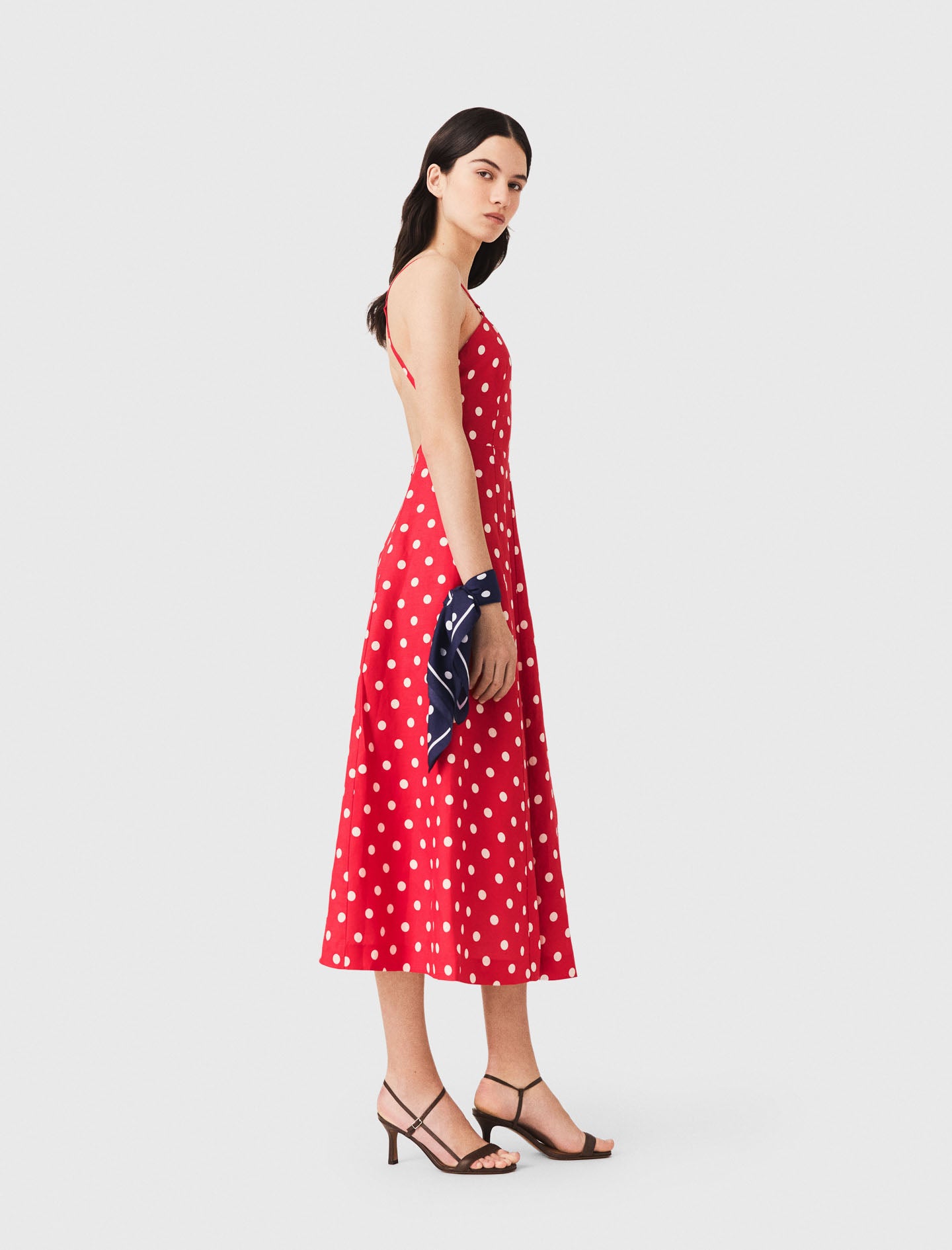 Backless linen-blend maxi dress Red Dots Print