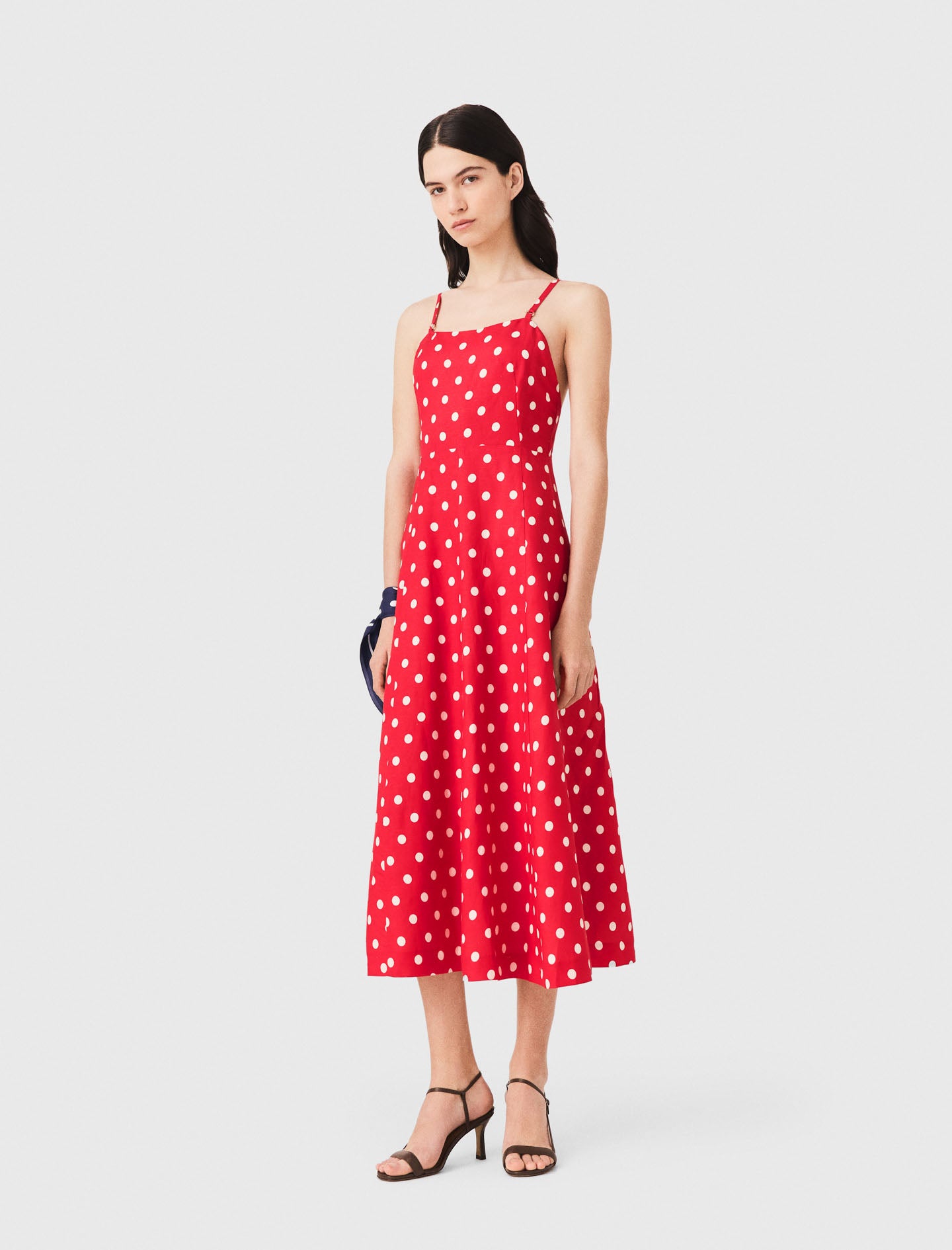 Backless linen-blend maxi dress Red Dots Print